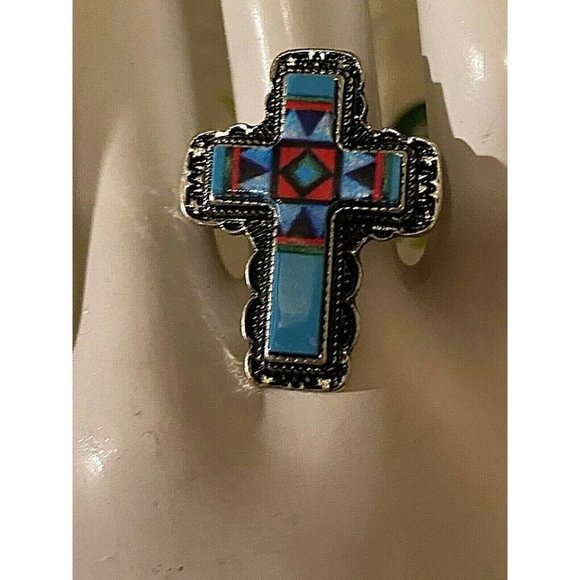 Southwest Cross Silver Turquoise Red Black Stretch - Picture 4 of 7